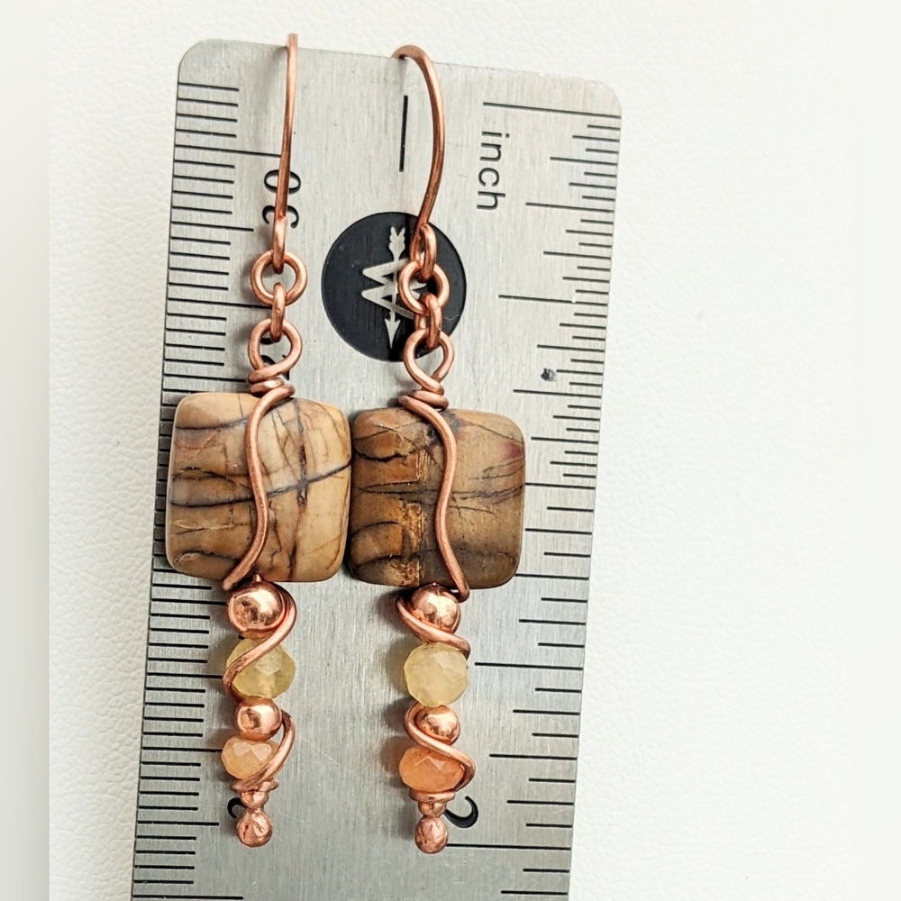 Desert Vibes Jasper Earrings Artisan Copper Wire Wrapped Design - Picture 3 of 12